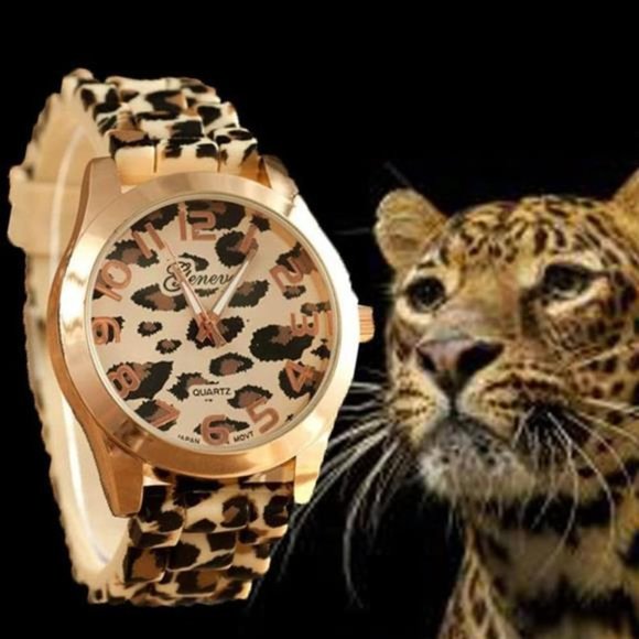 Leopard Silicone Analog Quartz Rose Gold Wrist Watch for Women